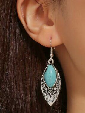 14K White Gold Womens Hanging Turquoise Dangle Drop Earrings 14 K Silver Jewelry